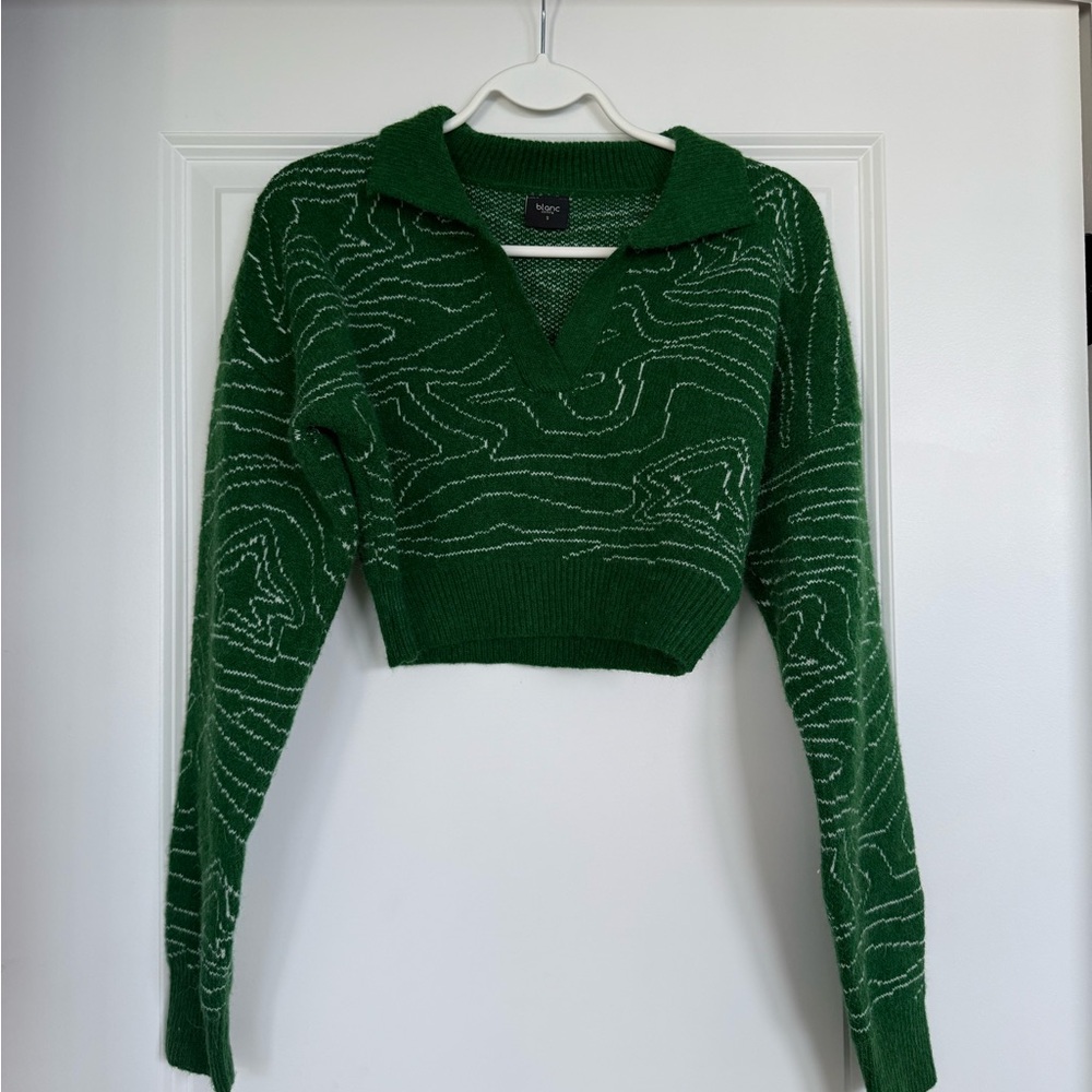 Green Cropped Sweater Topographic Print Collared Pullover (S)